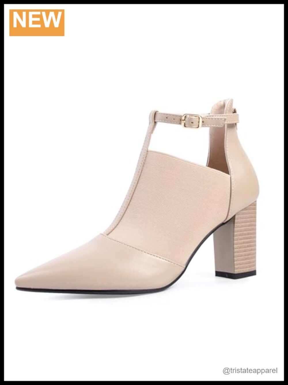 Pointed Toe Ankle Strap Block Heel Pumps with Buckle Faux Leather